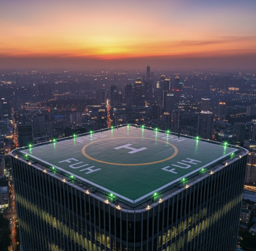 Rooftop heliport and city at sunset